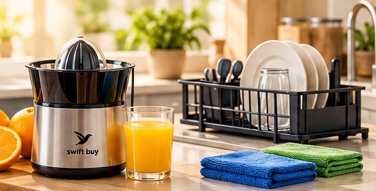 Espremedor de suco, escorredor e panos organizados na cozinha